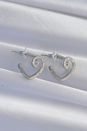 Tegan Pirinç Gümüş Renk Zirkon Taşlı Kıvrımlı Yarım Kalp Küpe TG27BKP9278