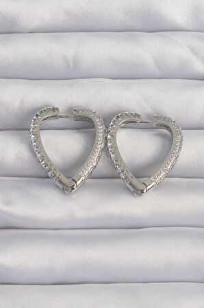 Tegan Pirinç Gümüş Renk Zirkon Taşlı Motifli Kalp Küpe TG27BKP9284