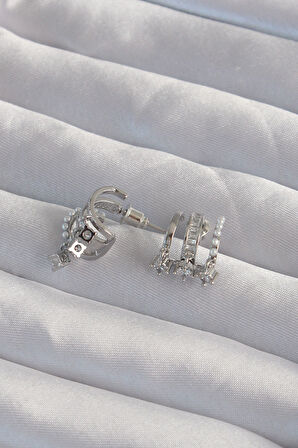 Tegan Pirinç Gümüş Renk İncili Çoklu Zirkon Taşlı Yarım Halka Küpe TG27BKP9316