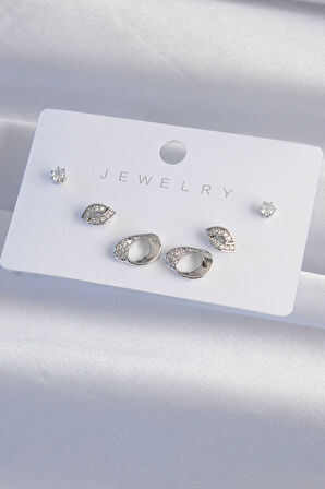 Tegan Pirinç Gümüş Renk Zirkon Taşlı Yaprak Model Küpe Seti TG27BKP9324