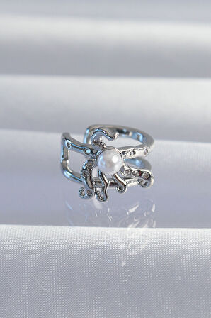 Tegan Pirinç Gümüş Renk İncili Ahtapot Earcuff Küpe TG27BKP9332