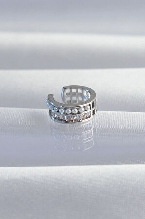 Tegan Pirinç Gümüş Renk İncili Baget Taşlı Earcuff Küpe TG27BKP9338