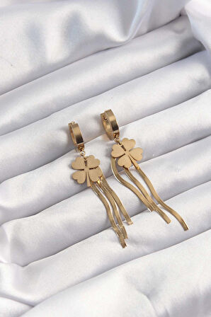 Tegan 316L Çelik Altın Renk İtalyan Zincirli Yonca Model Halka Küpe TG27BKP9494