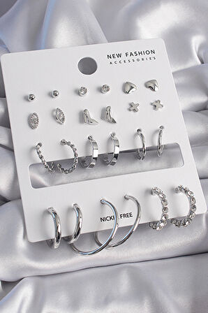 Tegan Pirinç Gümüş Renk 12 Çift Kadın Küpe Seti TG27BKP9683