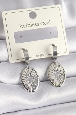 Tegan 316L Çelik Gümüş Renk Kutup Yıldızı İşleme Kadın Küpe TG27BKP9697