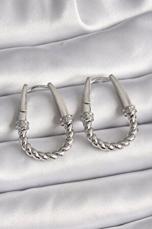 Tegan 316L Çelik Gümüş Renk Zirkon Taş Detaylı Burma Halka Model Kadın Küpe TG27BKP9721