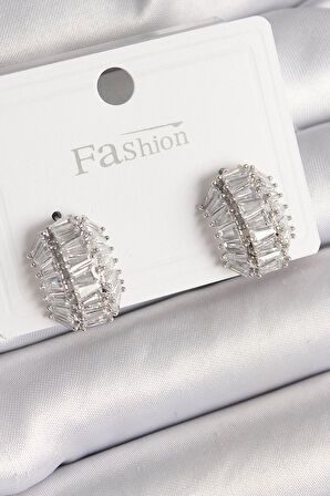 Tegan Pirinç Gümüş Renk Zirkon Taşlı Kaplumbağa Kabuğu Model Kadın Küpe TG27BKP9787