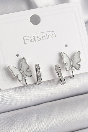 Tegan Pirinç Gümüş Renk Zirkon Taş Detaylı Beyaz Sedefli Kelebek Model Kadın Küpe TG27BKP9869