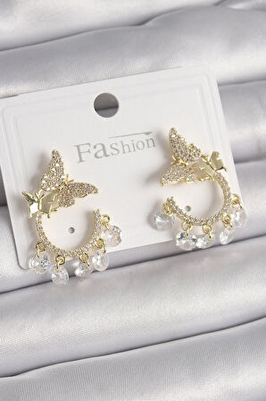 Tegan Pirinç Gold Renk Zirkon Taşlı Sallantı Detay Kelebek Model Kadın Küpe TG27BKP9901