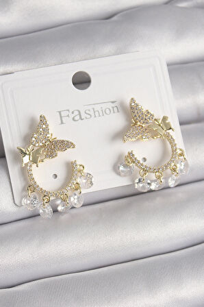 Tegan Pirinç Gold Renk Zirkon Taşlı Sallantı Detay Kelebek Model Kadın Küpe TG27BKP9901