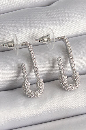 Tegan Pirinç Gümüş Renk Zirkon Taşlı Çengelli İğne Model Kadın Küpe TG27BKP9938