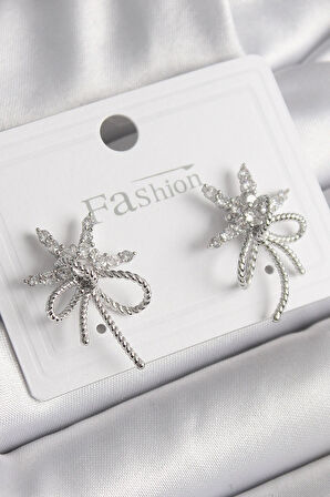 Tegan Pirinç Gümüş Renk Zirkon Taşlı Yıldız Düğüm Model Kadın Küpe TG27BKP9952