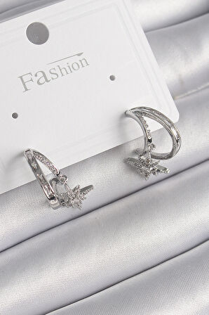 Tegan Pirinç Gümüş Renk Zirkon Taşlı Halka Model Sallantı Yıldız Detay Kadın Küpe TG27BKP9990