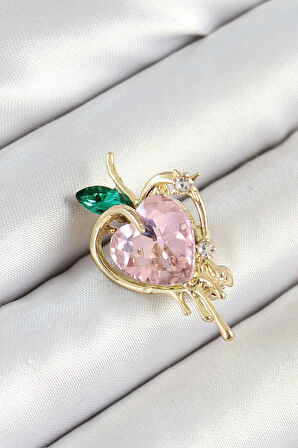 Tegan Pembe Ve Yeşil Zirkon Taşlı 3D Eriyen Kalp Figürlü Gold Renk Kadın Broş TG27BR438