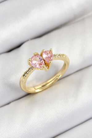 Tegan Pirinç Zirkon Taşlı Pembe Kalp Model Gold Renk Kadın Yüzük TG27BYK3802
