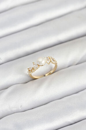 Tegan Pirinç Gold Renk Zirkon Taşlı İncili Model Kadın Yüzük TG27BYK3852