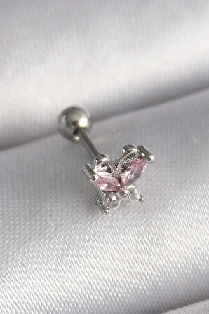 Tegan 316L Çelik Gümüş Renk Pembe Zirkon Taşlı Kelebek Tragus Piercing TG27PR1241