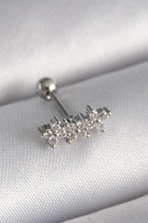 Tegan 316L Çelik Gümüş Renk Zirkon Taşlı Yonca Tragus Piercing TG27PR1255