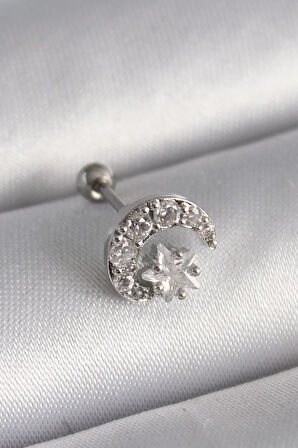 Tegan 316L Çelik Gümüş Renk Zirkon Taşlı Ay Yıldız Tragus Piercing TG27PR1257