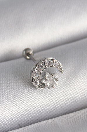 Tegan 316L Çelik Gümüş Renk Zirkon Taşlı Ay Yıldız Tragus Piercing TG27PR1257