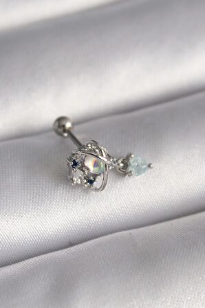 Tegan 316L Çelik Gümüş Renk Zirkon Taşlı Sallantı Kalp Detay Tragus Piercing TG27PR1361