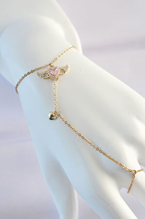Tegan 316L Çelik Gold Renk Pembe Zirkon Taşlı Kanatlı Kalp Model Şahmeran TG27SN585