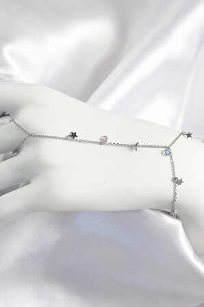 Tegan Pirinç Renkli Zirkon Taşlı Sallantılı Yıldızlı Model Gümüş Renk Kadın Şahmeran TG27SN708