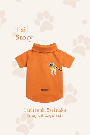 Kedi-Köpek Kıyafeti, Premium Keten Kumaş, Küçük Ve Orta Irklar İçin, Turuncu, Kuş Nakışlı Tasarım Kedi/Köpek Gömleği