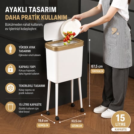 15 Litre Ayaklı Çöp Kovası Kapaklı Tekerlekli Mutfak Banyo Ofis Çöp Kutusu