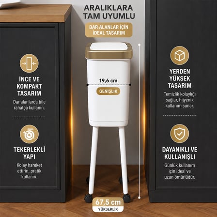 15 Litre Ayaklı Çöp Kovası Kapaklı Tekerlekli Mutfak Banyo Ofis Çöp Kutusu
