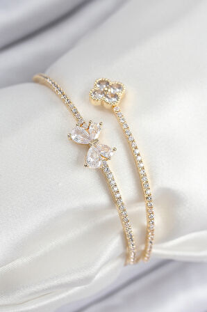 Pirinç Zirkon Taşlı Fiyonk Ve Yonca Model Gold Renk Kadın Bileklik - TJ-BB7851