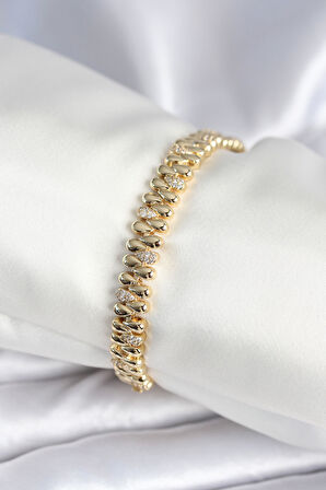 Pirinç Gold Renk Damla Model Zirkon Taşlı Kadın Bileklik - TJ-BB7972