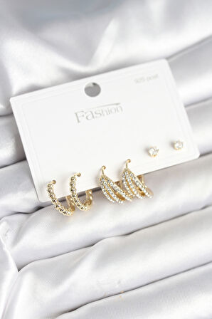 Gold Renk Pirinç 925 Ayar Gümüş Çivili Kadın Küpe Seti - TJ-BKP11276