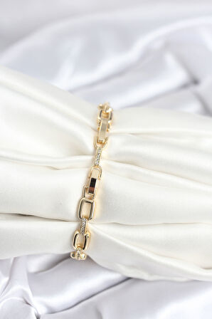 Pirinç Gold Renk Kare Zincir Model Zirkon Taşlı Kadın Bileklik - TJ-BB8030