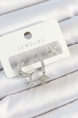 Pirinç Zirkon Taşlı Çiçek Ve Ay Model Gümüş Renk 3'lü Çift Kadın Küpe Set - TJ-BKP10804