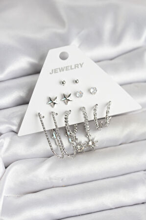 Pirinç Gümüş Renk Küpe Seti 6'lı - TJ-BKP11334