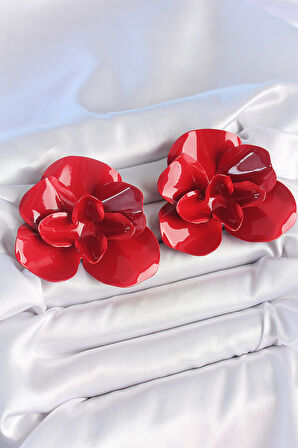 Pirinç Kırmızı Renk Gül Model Kadın Küpe - TJ-BKP10498