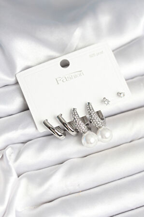 Pirinç Gümüş Renk İncili 925 Ayar Gümüş Çivi Kadın Küpe Seti - TJ-BKP11251