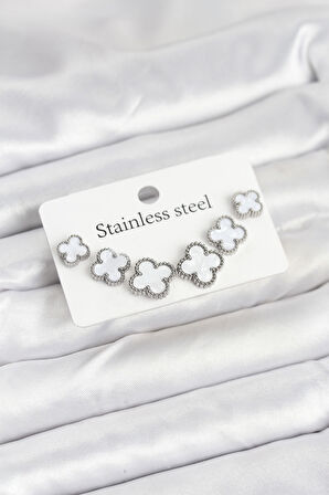 316L Çelik Gümüş Beyaz Renk 3 Boy Yonca Küpe Seti - TJ-BKP11236