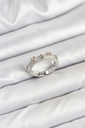 Pirinç Gümüş Renk Zirkon Taşlı Vintage Kadın Yüzük - TJ-BYK3833