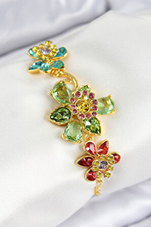 VIP Pirinç Zirkon Taşlı Çiçek Model Gold Renk Kadın Bileklik - TJ-BB7764