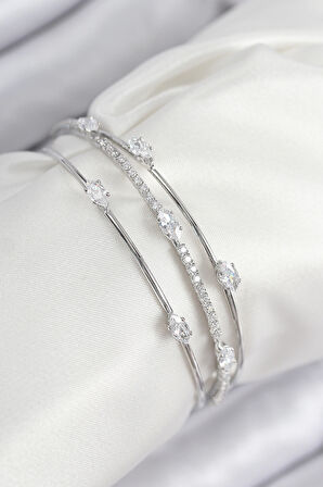 Pirinç Zirkon Taşlı Su Yolu Model Gümüş Renk Kadın Bileklik - TJ-BB7868