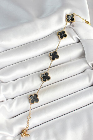 316L Çelik Sedefli Siyah Gold Renk Yonca Kadın Bileklik - TJ-BB6969