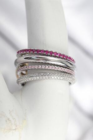 Pirinç Gümüş Renk Zirkon Taşlı 4'Lü Kadın Yüzük - TJ-BYK3828