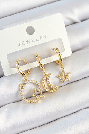 Pirinç Zirkon Taşlı Yıldız Ve Ay Model Gold Renk 3'lü Çift Kadın Küpe Set - TJ-BKP10819
