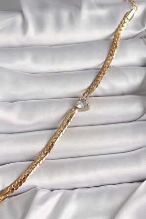 316L Çelik Gold Renk Yassı Zincir Model Zirkon Taşlı Kalp Figür Kadın Bileklik - TJ-BB6728