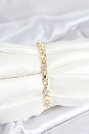 Pirinç Gold Renk Nokta Model Zirkon Taşlı Kadın Bileklik - TJ-BB8026