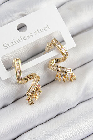 Pirinç Zirkon Taşlı Kıvrımlı Model Gold Renk Kadın Küpe - TJ-BKP11112