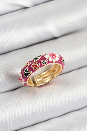 Pirinç Fuşya Mineli Çiçek Motifli Gold Renk Ayarlanabilir Kadın Yüzük - TJ-BYK3807