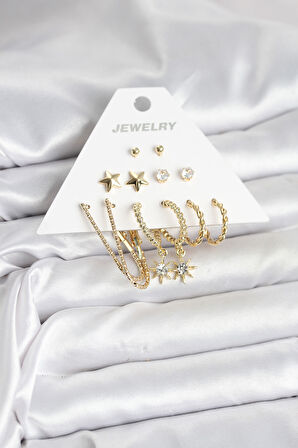 6 Çift Kadın Küpe Seti Gold Renk - TJ-BKP11318